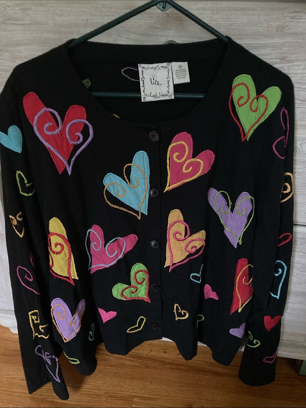 Michael Simon Black Heart Embroidered Multicolor Cotton Button Up Cardigan Sz 1X